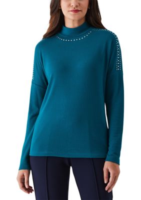 ELLA Rafaella Women's Embellished Mock Neck Long Sleeve Top, XS