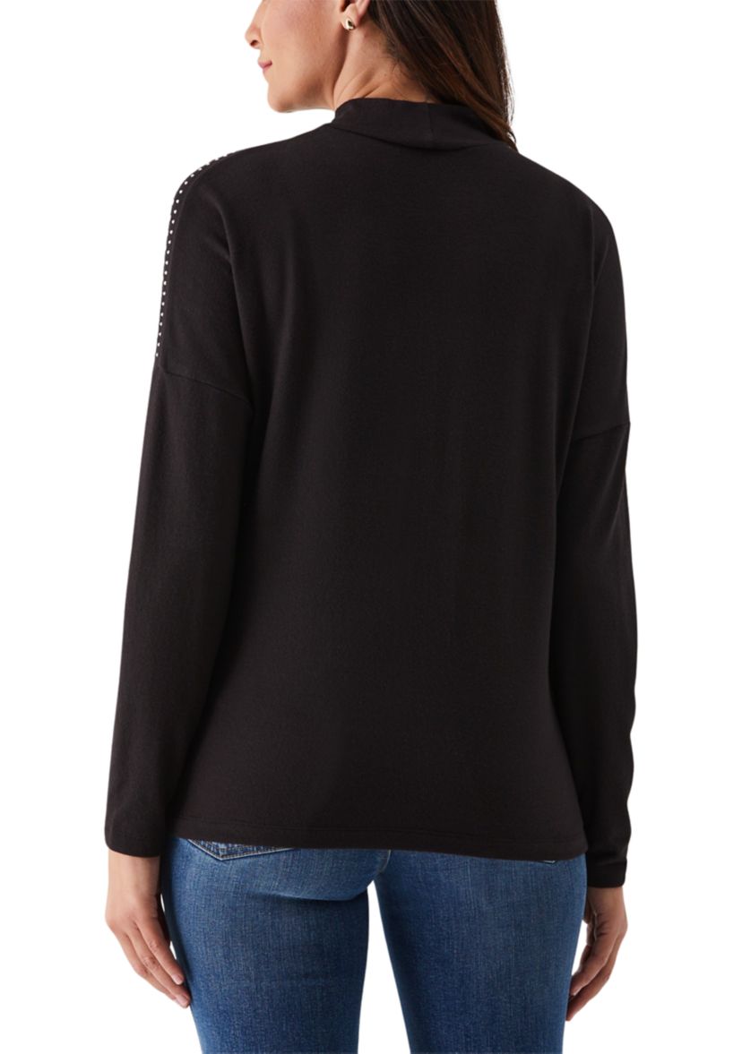 Womens Embellished Mock Neck Long Sleeve Top