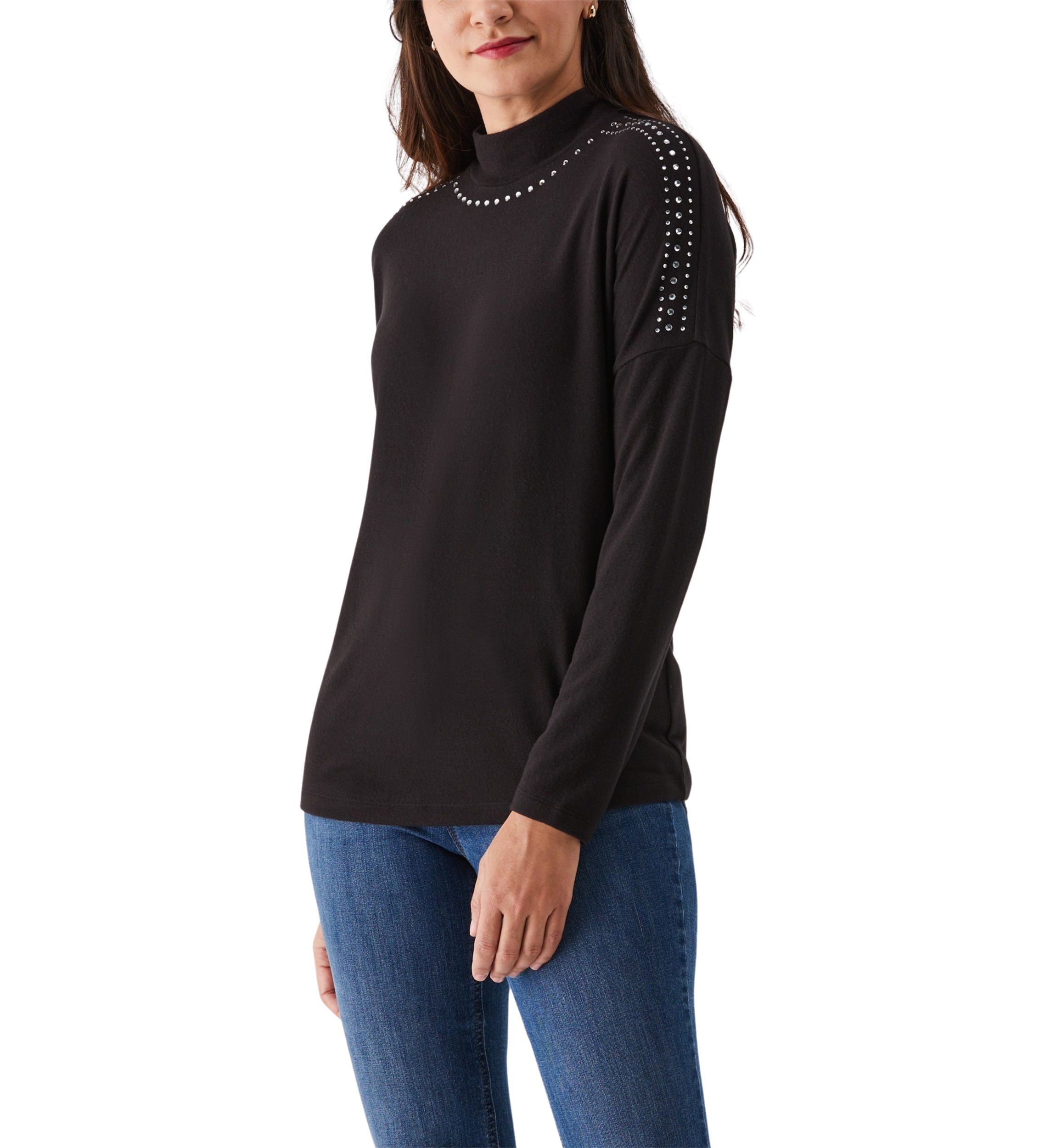 Womens Embellished Mock Neck Long Sleeve Top