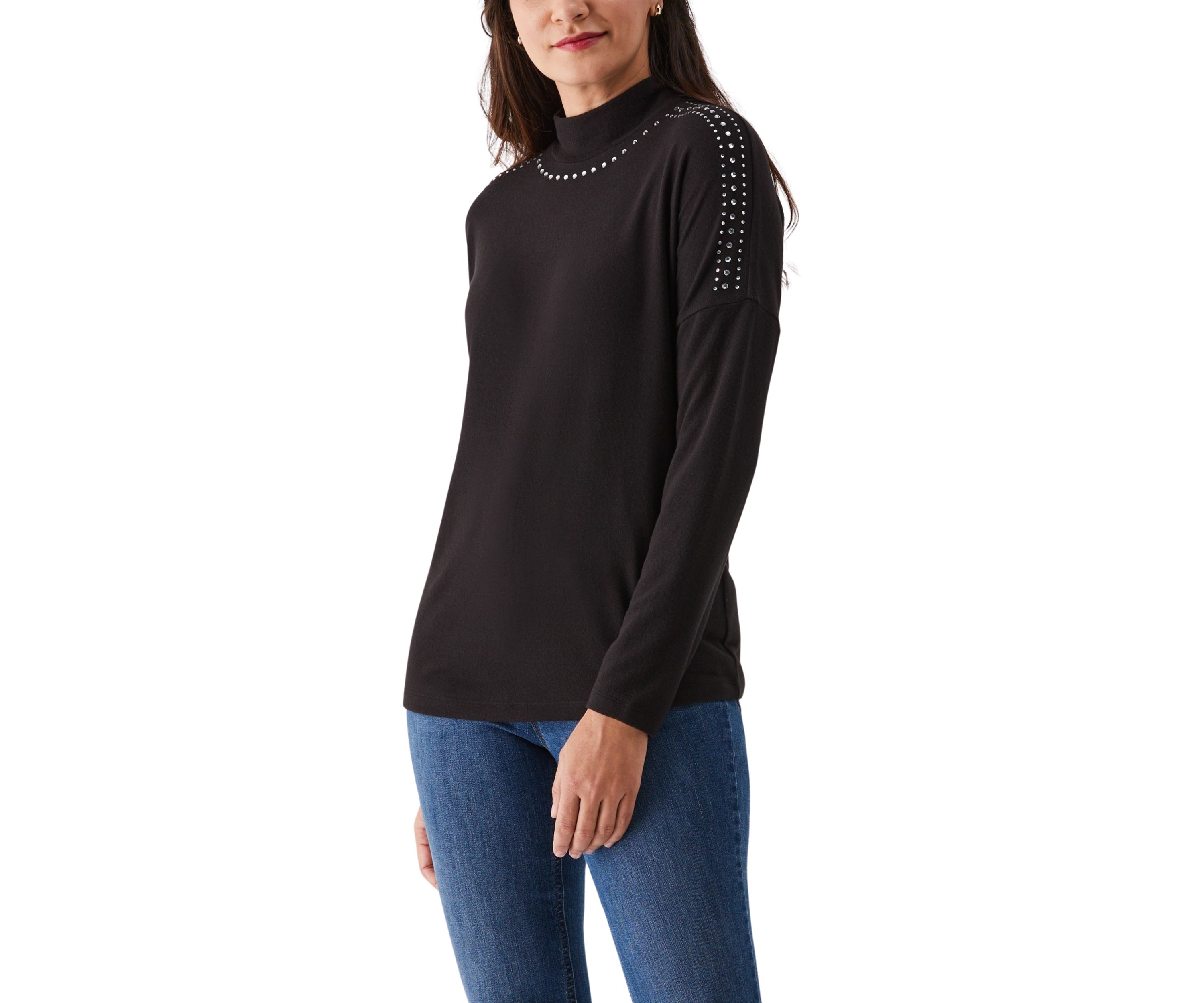 Womens Embellished Mock Neck Long Sleeve Top