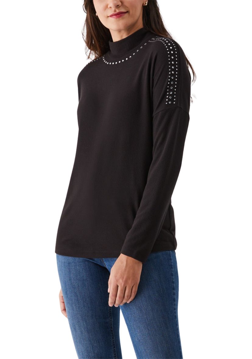 Womens Embellished Mock Neck Long Sleeve Top