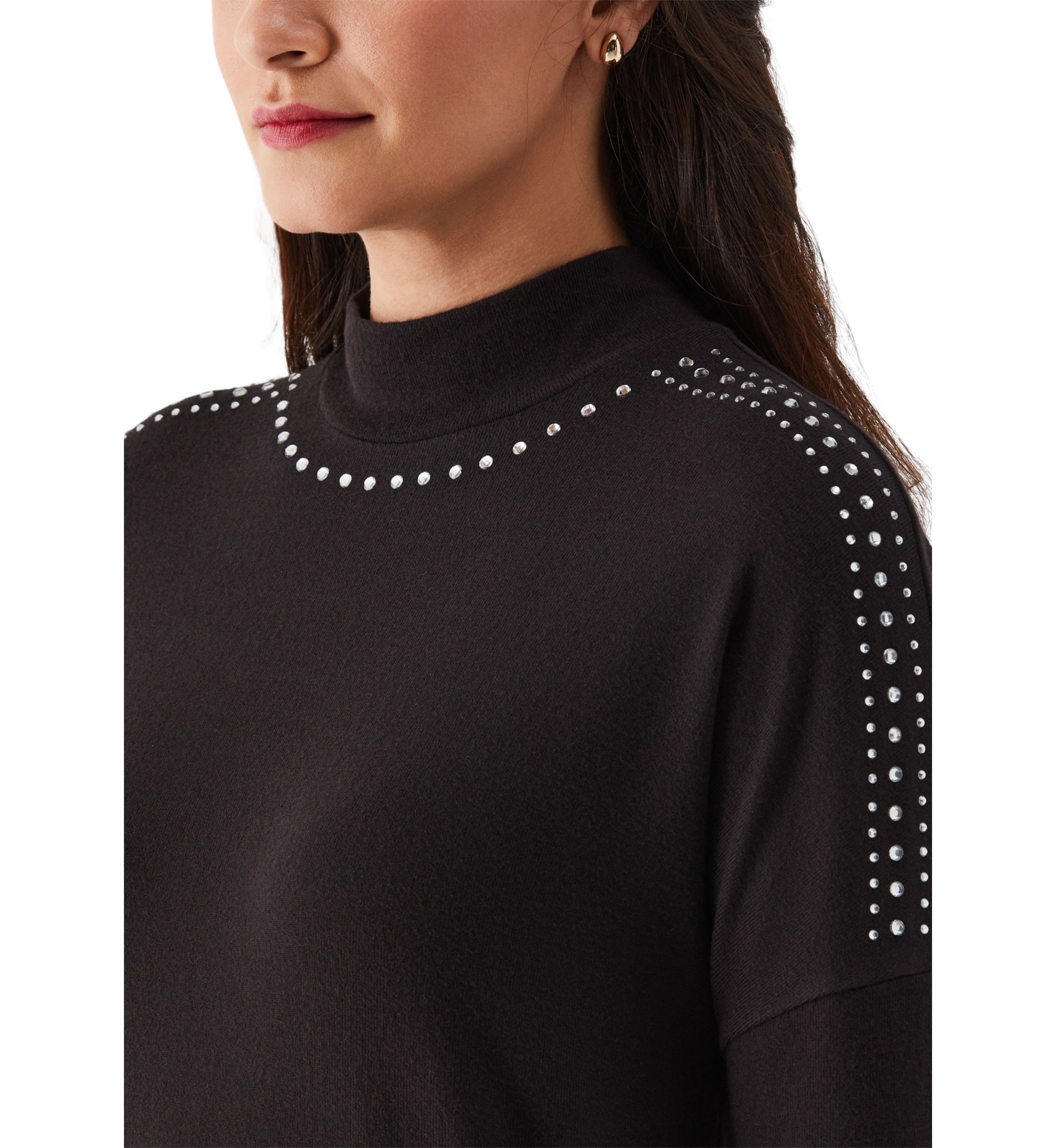 Womens Embellished Mock Neck Long Sleeve Top