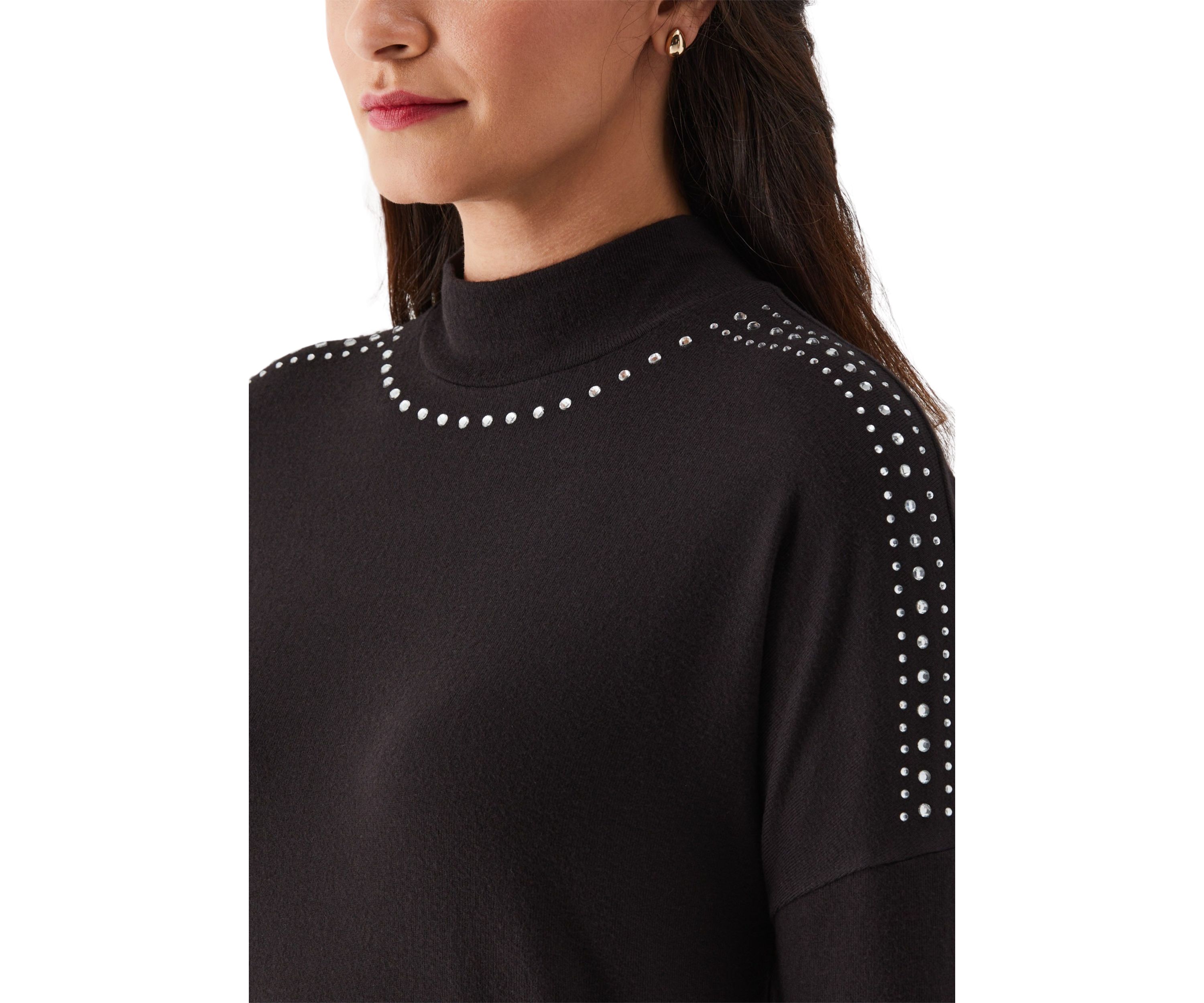 Womens Embellished Mock Neck Long Sleeve Top