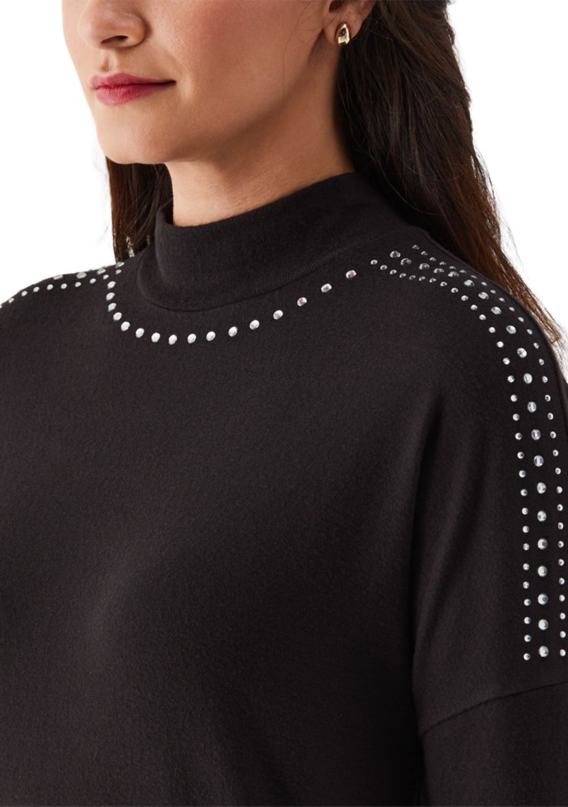 Womens Embellished Mock Neck Long Sleeve Top