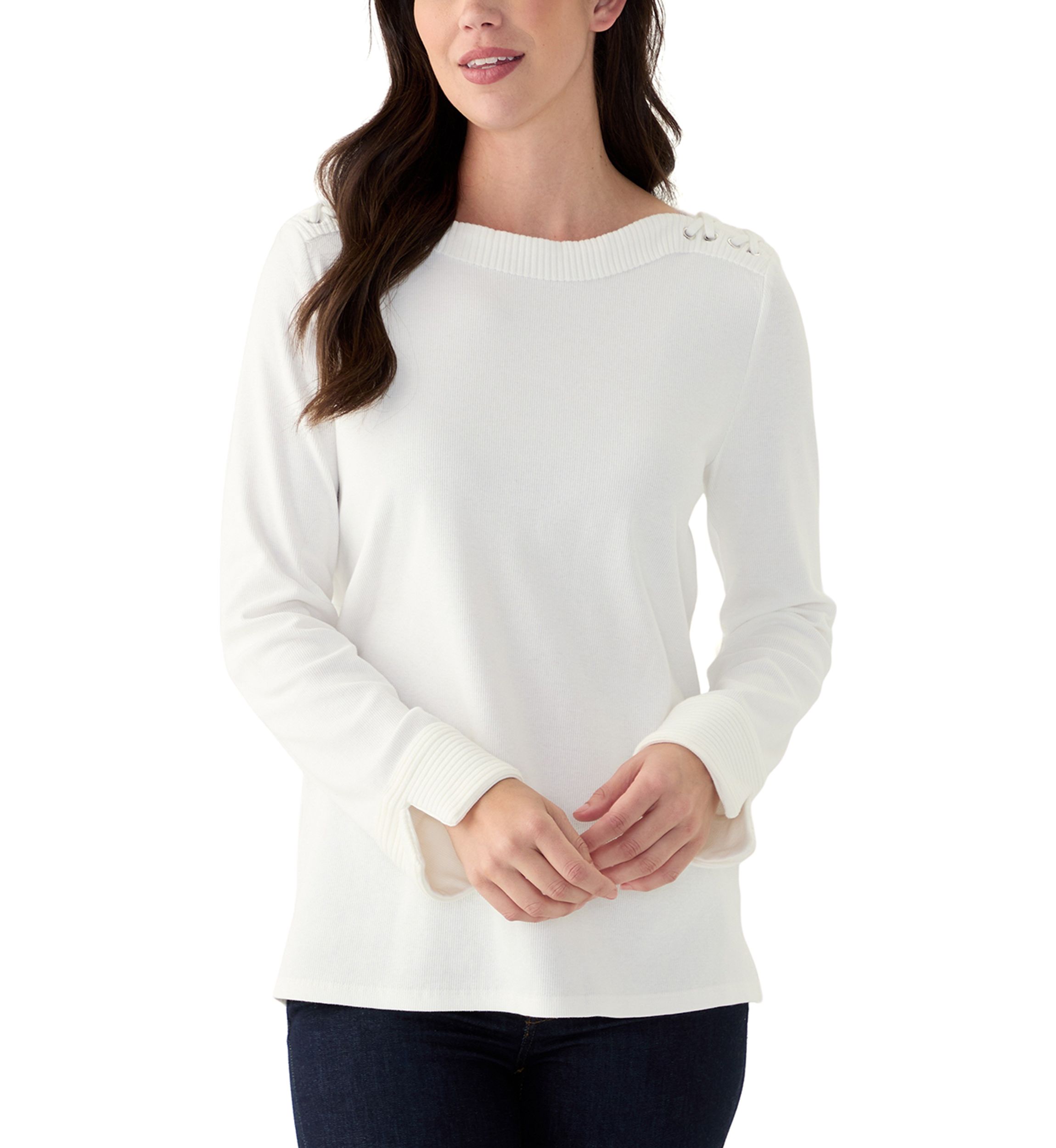Womens Laced Boat Neck Long Sleeve Top