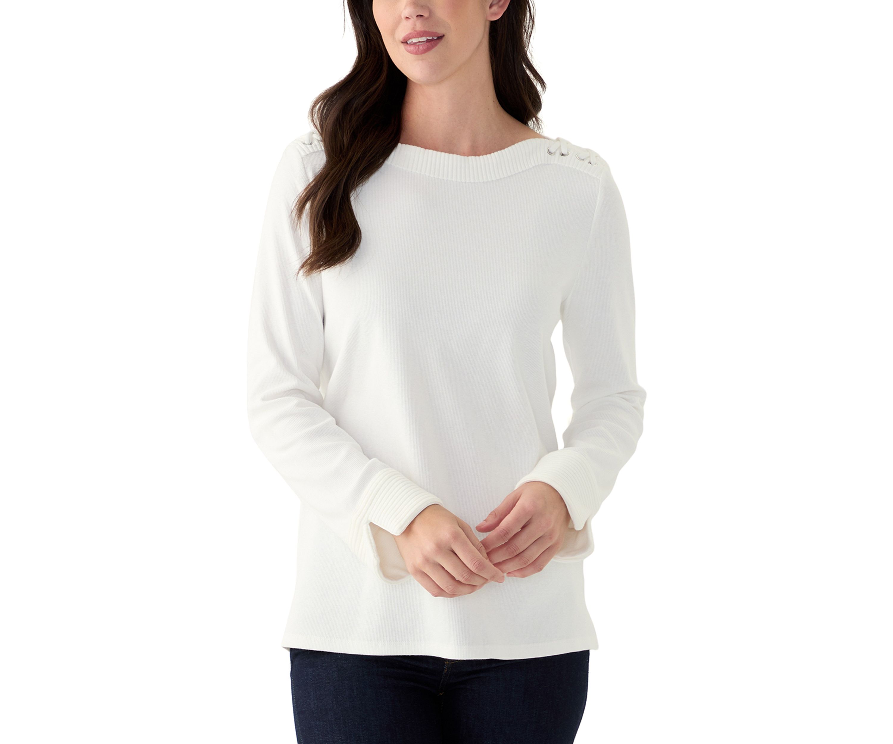 Womens Laced Boat Neck Long Sleeve Top