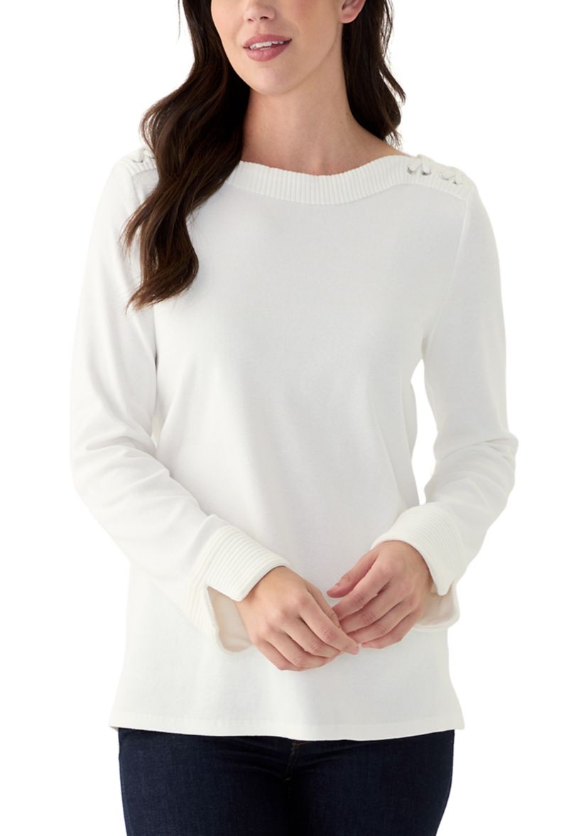 Womens Laced Boat Neck Long Sleeve Top