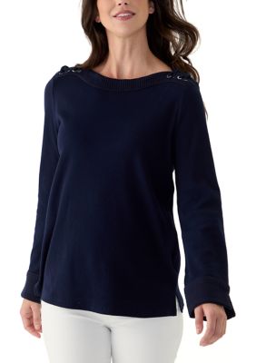 ELLA Rafaella Women's Laced Boat Neck Long Sleeve Top, Navy Blue, Small