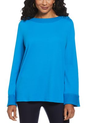 ELLA Rafaella Women's Laced Boat Neck Long Sleeve Top, Blue, Small