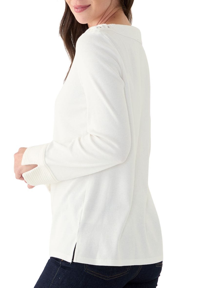 Womens Laced Boat Neck Long Sleeve Top