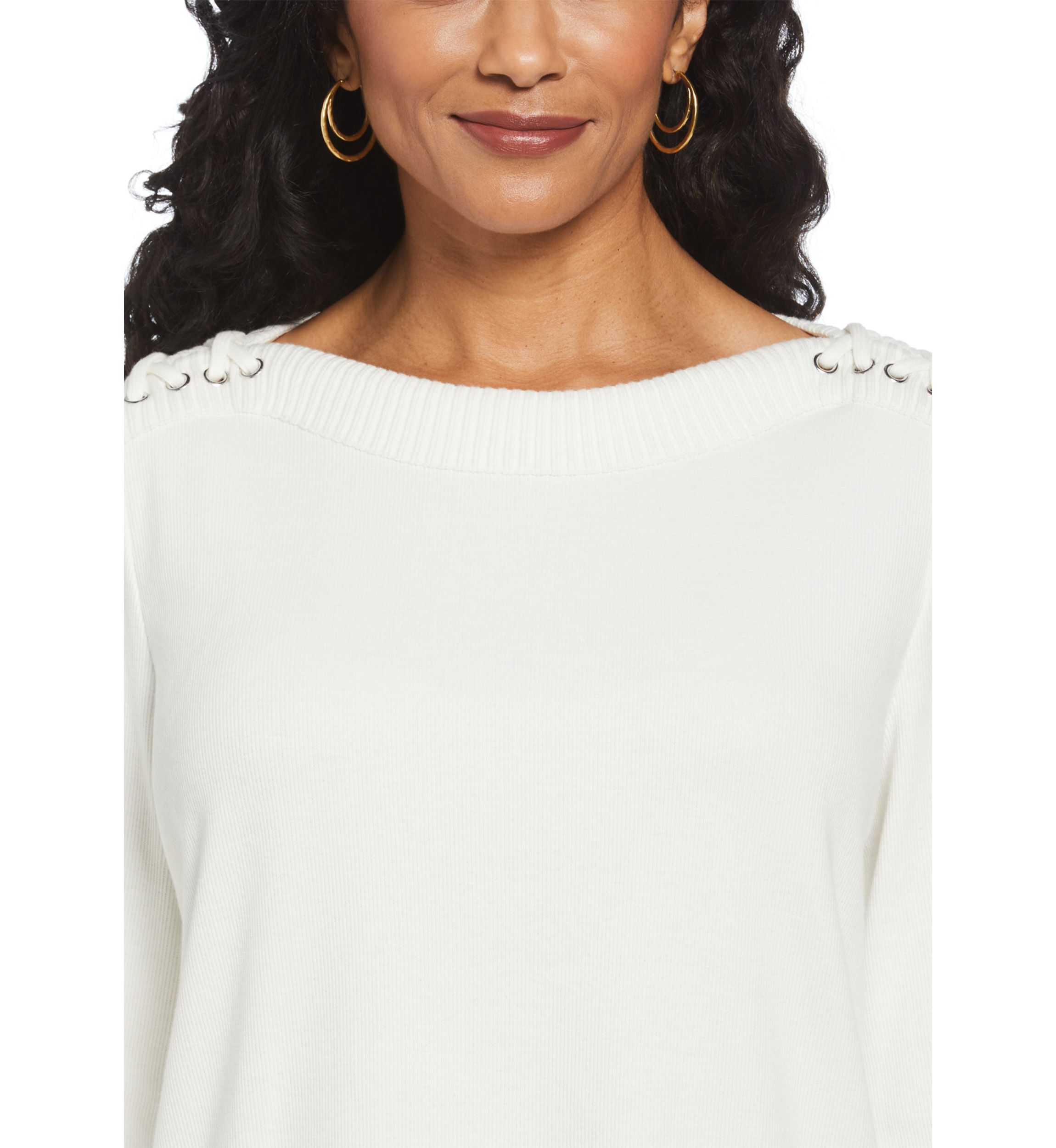 Womens Laced Boat Neck Long Sleeve Top