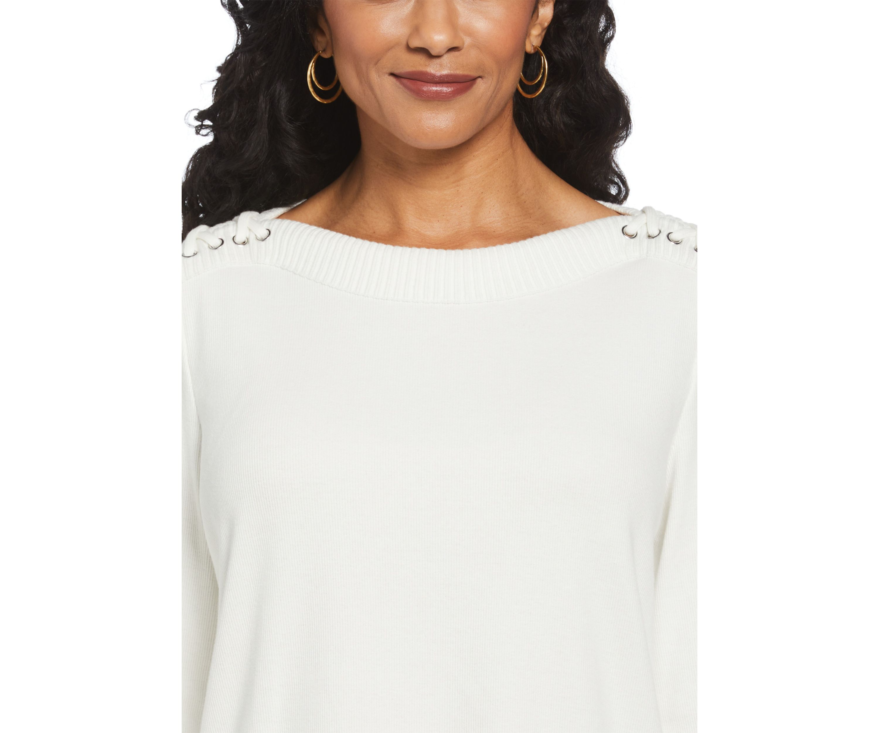 Womens Laced Boat Neck Long Sleeve Top