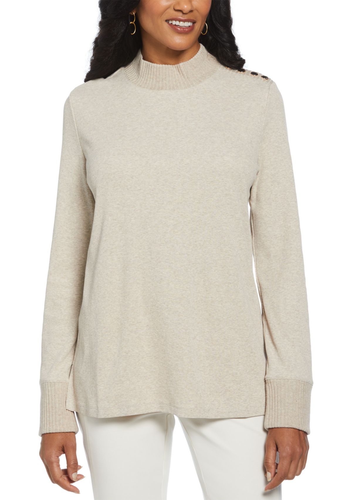 Womens Rivet Detail Mock Neck Long Sleeve Top