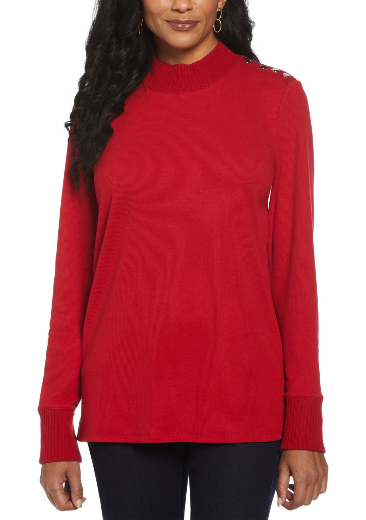 Womens Rivet Detail Mock Neck Long Sleeve Top