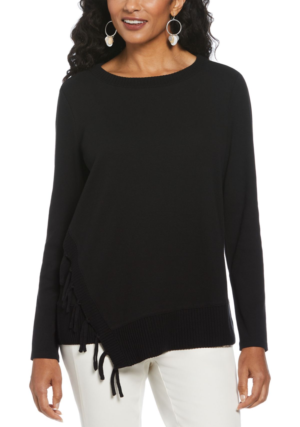 Womens Long Sleeve Fringe Asymmetrical Hem Top