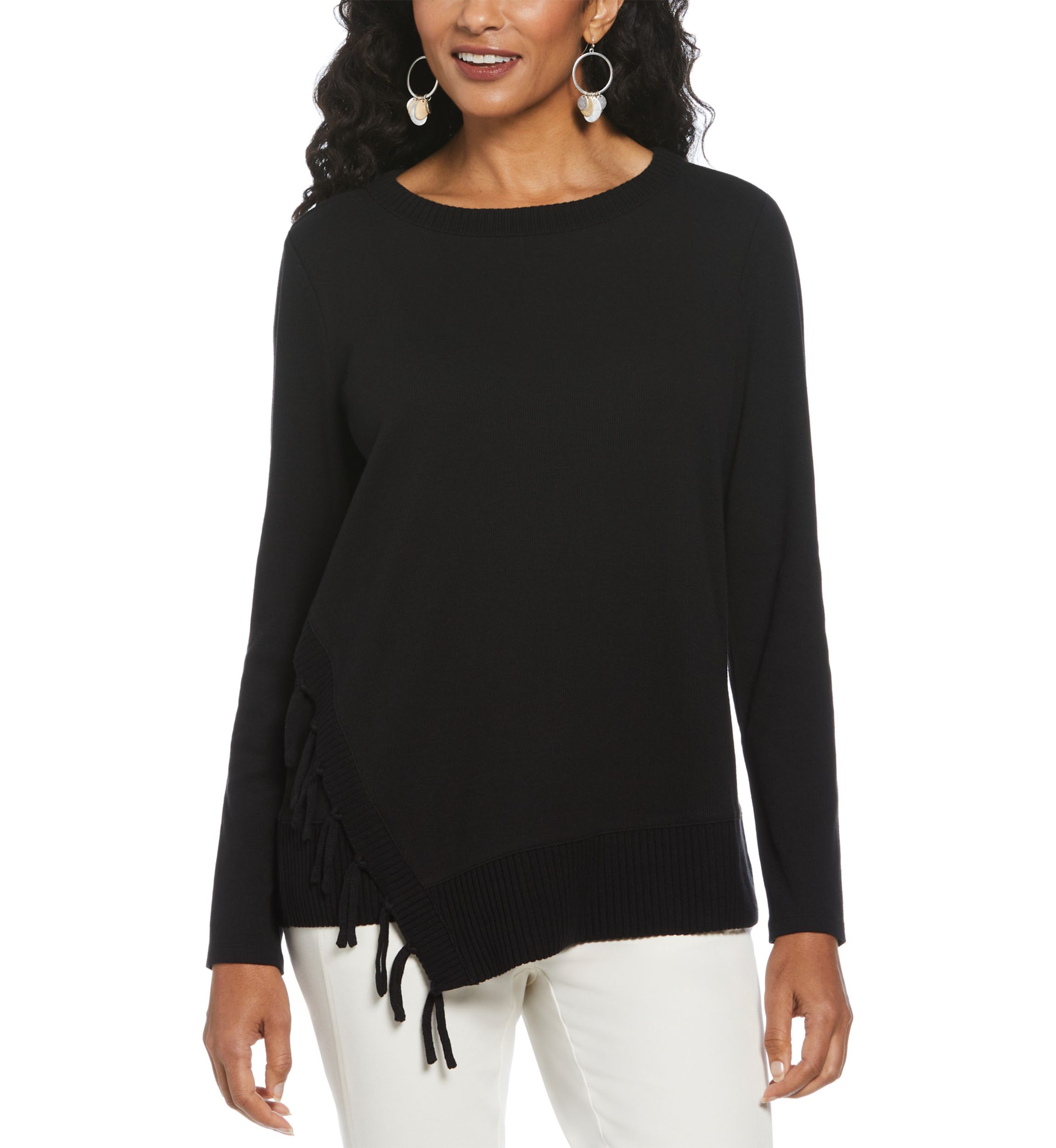 Womens Long Sleeve Fringe Asymmetrical Hem Top