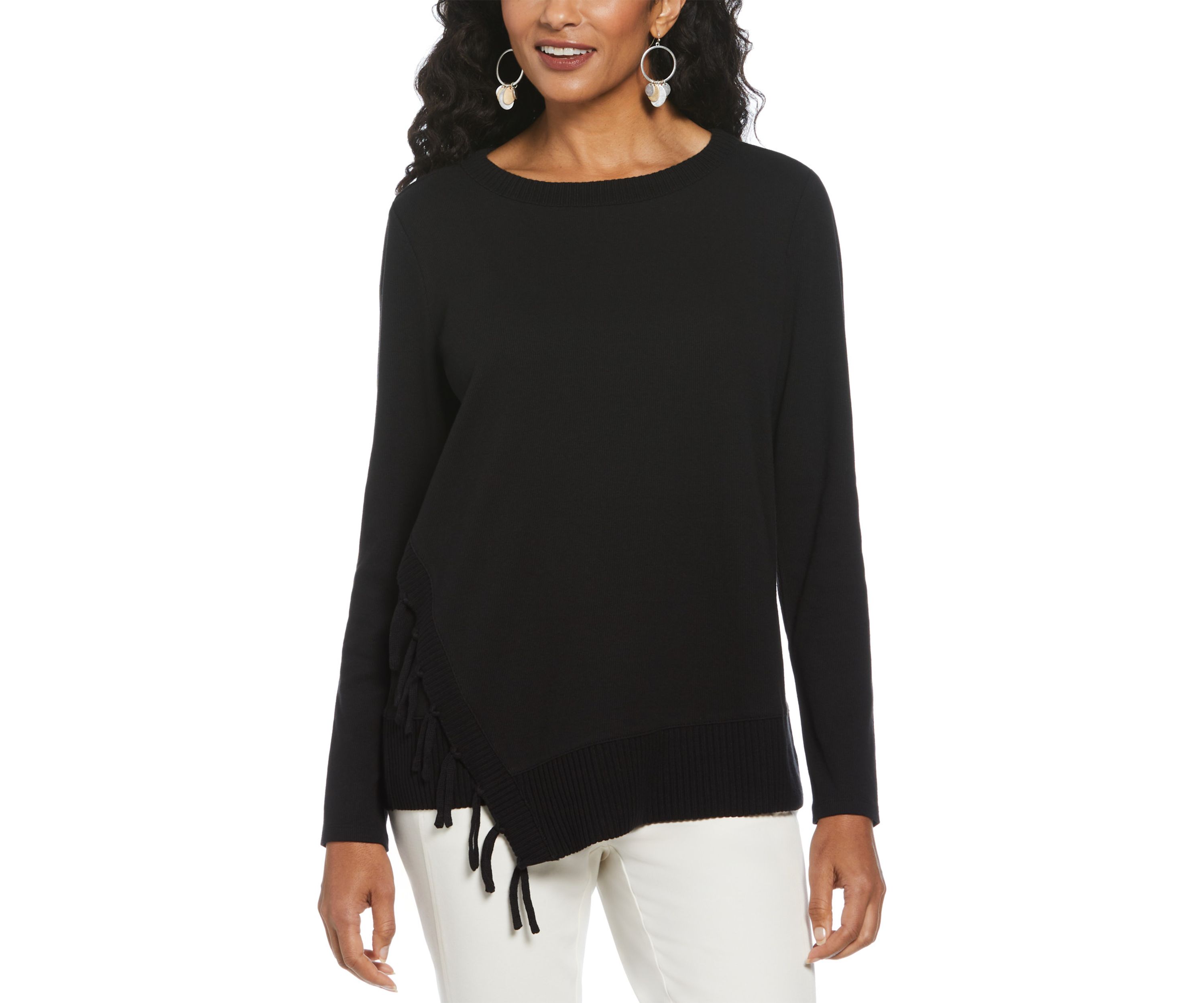 Womens Long Sleeve Fringe Asymmetrical Hem Top