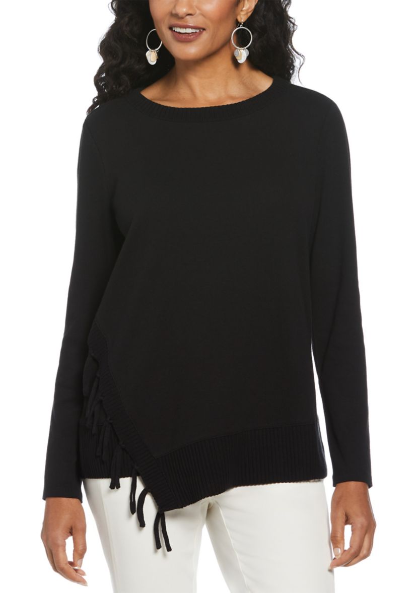 Womens Long Sleeve Fringe Asymmetrical Hem Top
