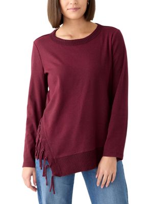 ELLA Rafaella Women's Long Sleeve Fringe Asymmetrical Hem Top, Small