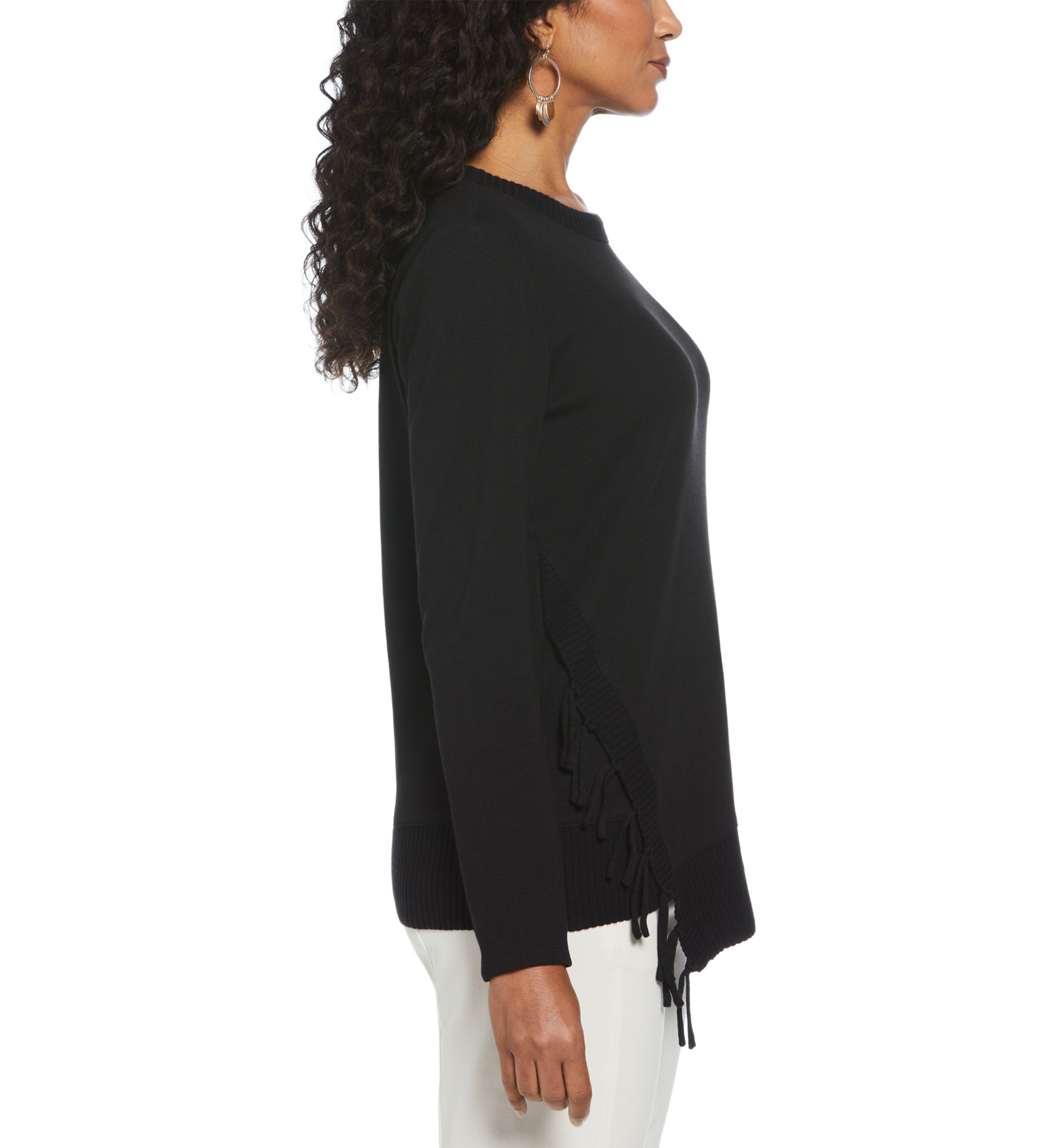 Womens Long Sleeve Fringe Asymmetrical Hem Top