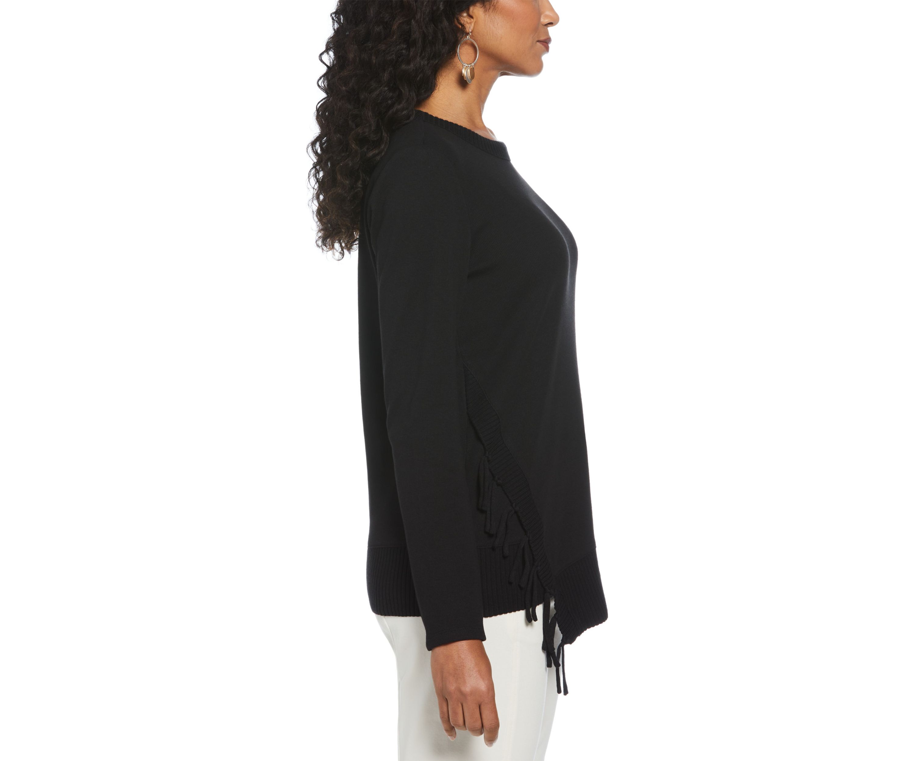 Womens Long Sleeve Fringe Asymmetrical Hem Top