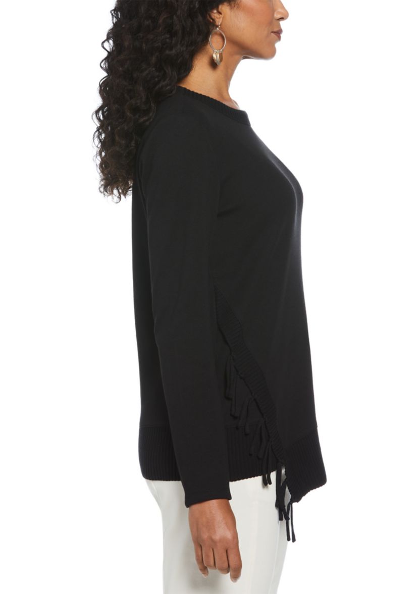 Womens Long Sleeve Fringe Asymmetrical Hem Top
