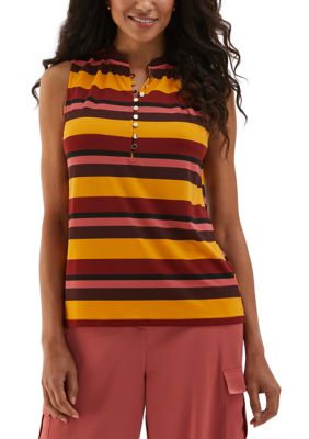 ELLA Rafaella Women's Striped Button Front Ruffle Sleeveless Tank Top, XL