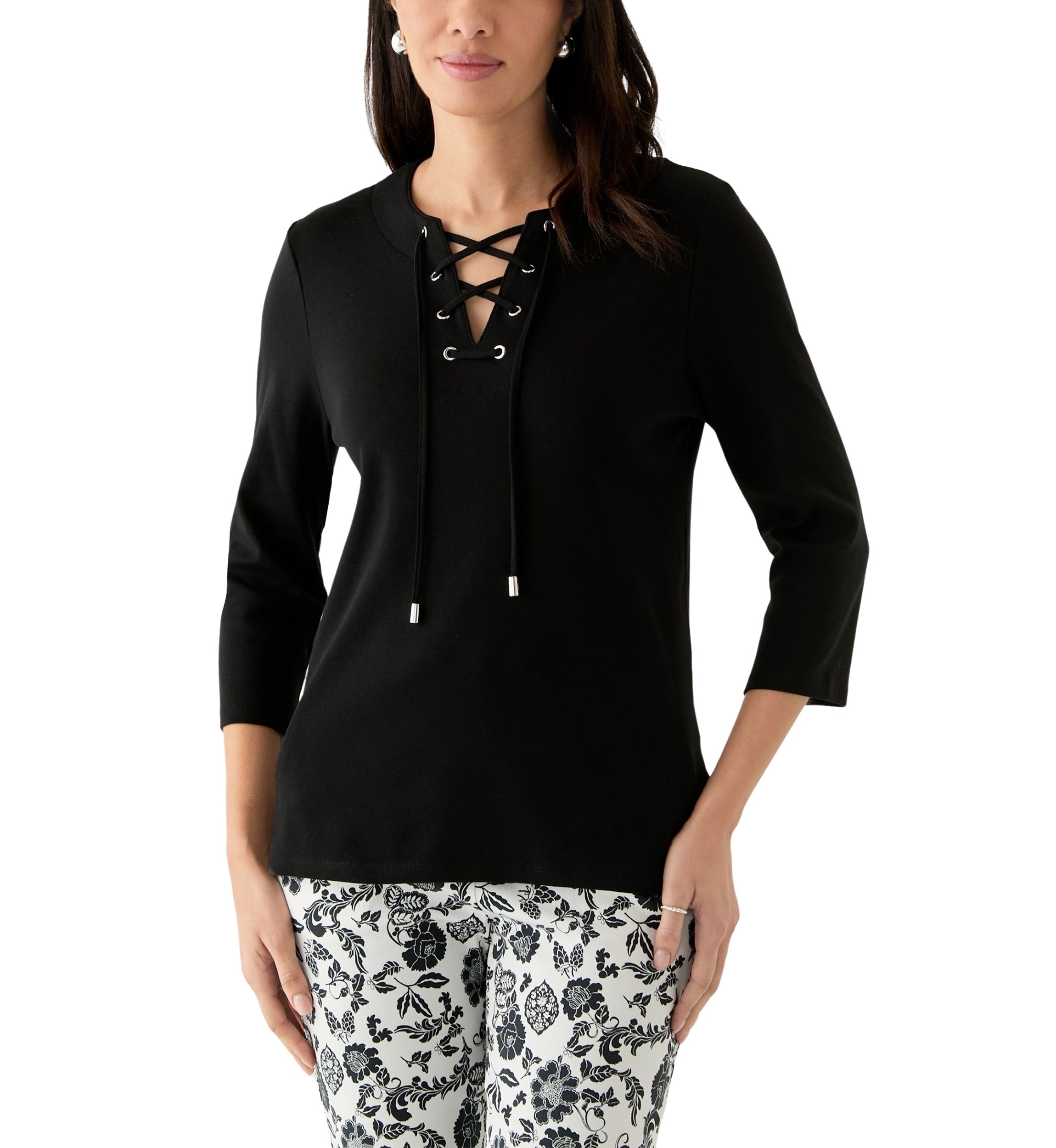 Womens Lace Up 3/4 Length Sleeve Shirt