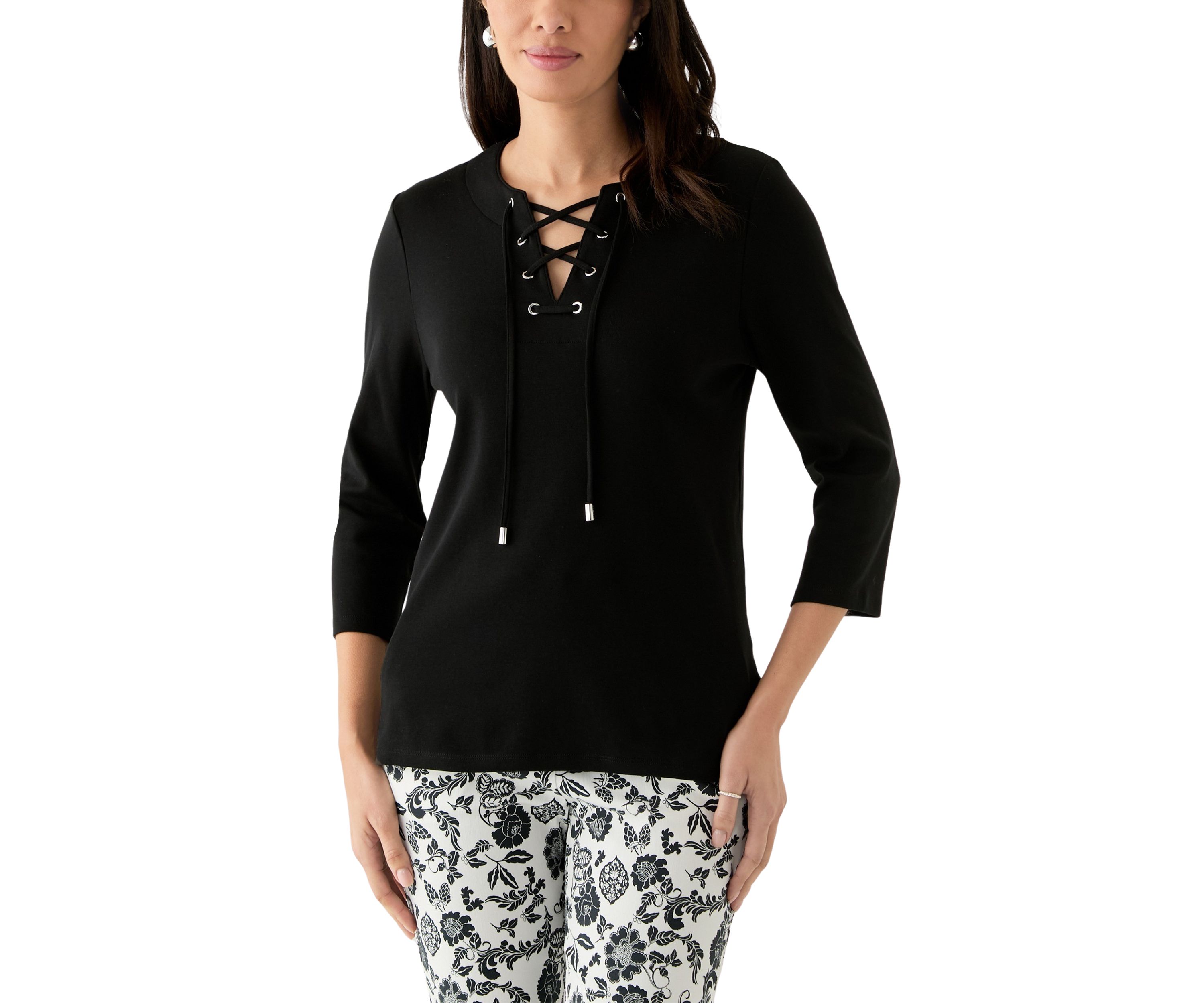 Womens Lace Up 3/4 Length Sleeve Shirt