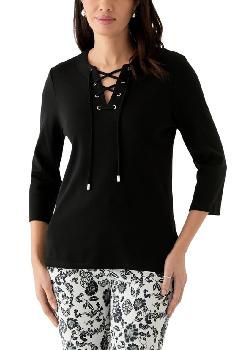 Womens Lace Up 3/4 Length Sleeve Shirt