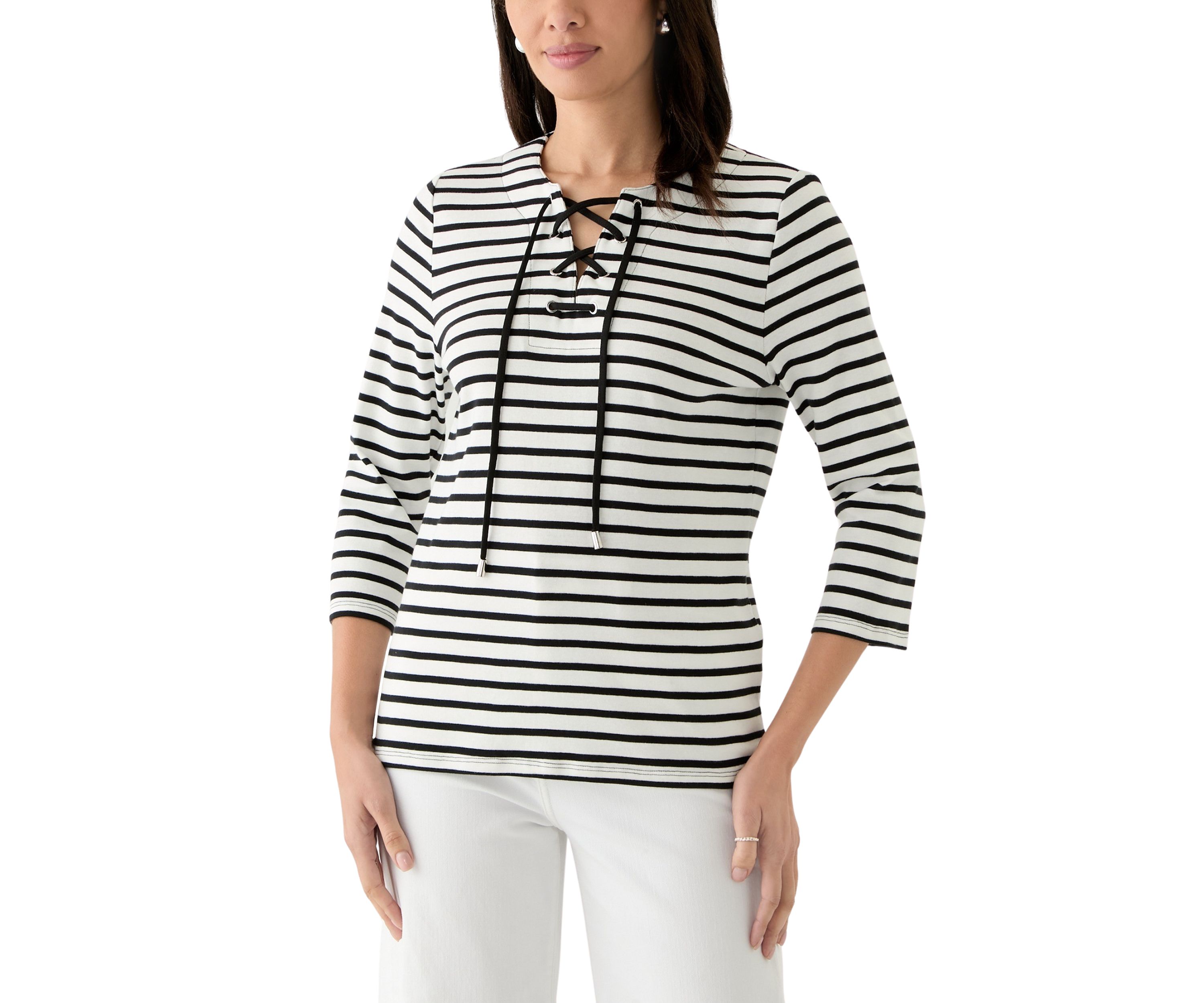 Womens Striped Lace Up 3/4 Length Sleeve Shirt