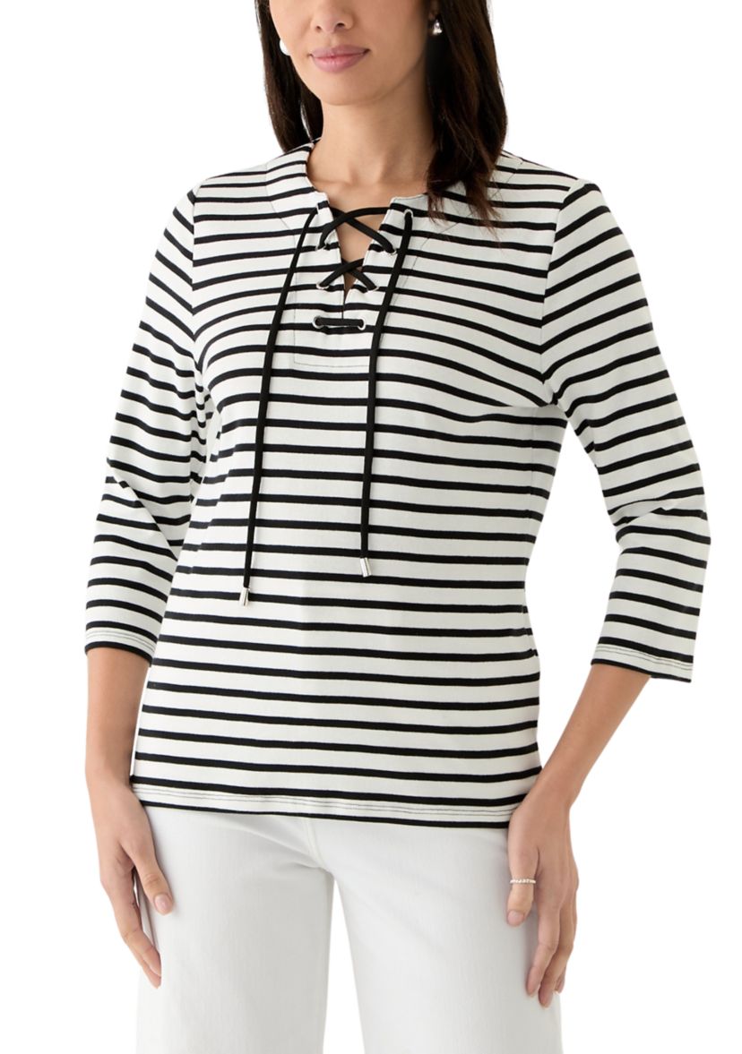 Womens Striped Lace Up 3/4 Length Sleeve Shirt