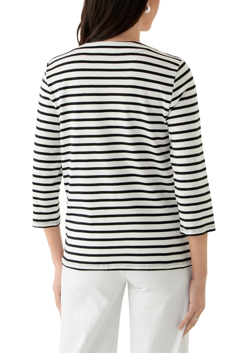 Womens Striped Lace Up 3/4 Length Sleeve Shirt