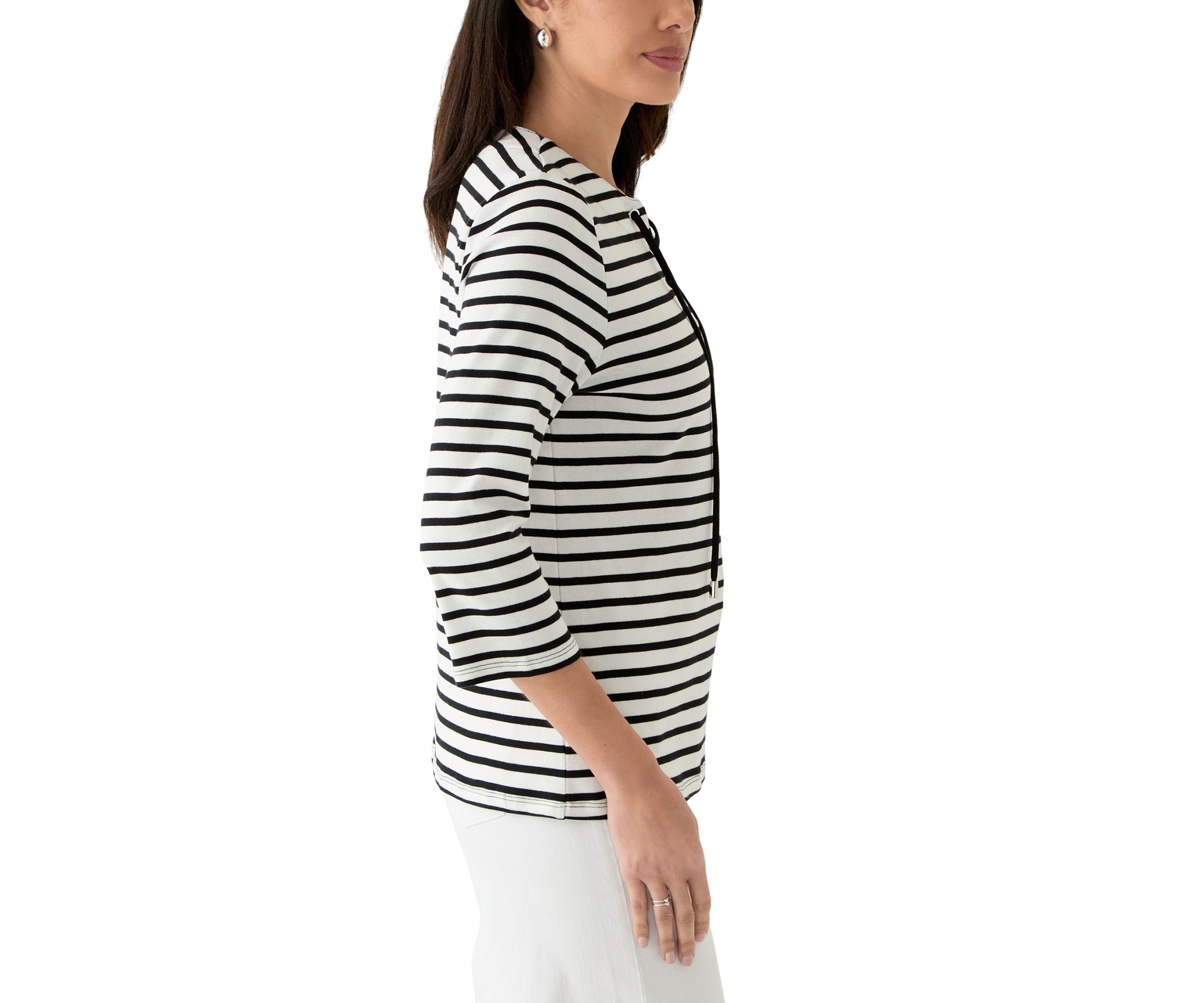Womens Striped Lace Up 3/4 Length Sleeve Shirt