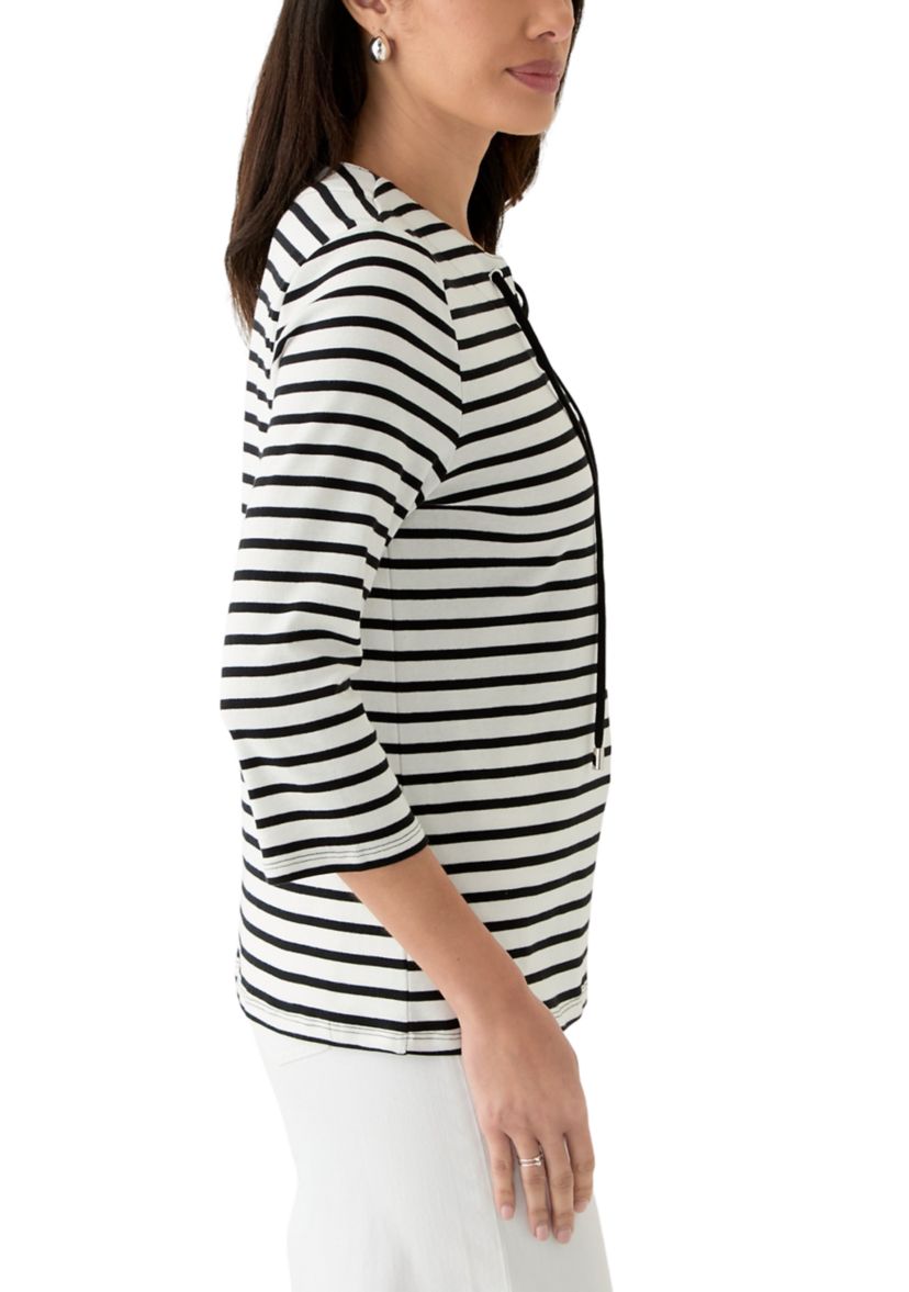 Womens Striped Lace Up 3/4 Length Sleeve Shirt