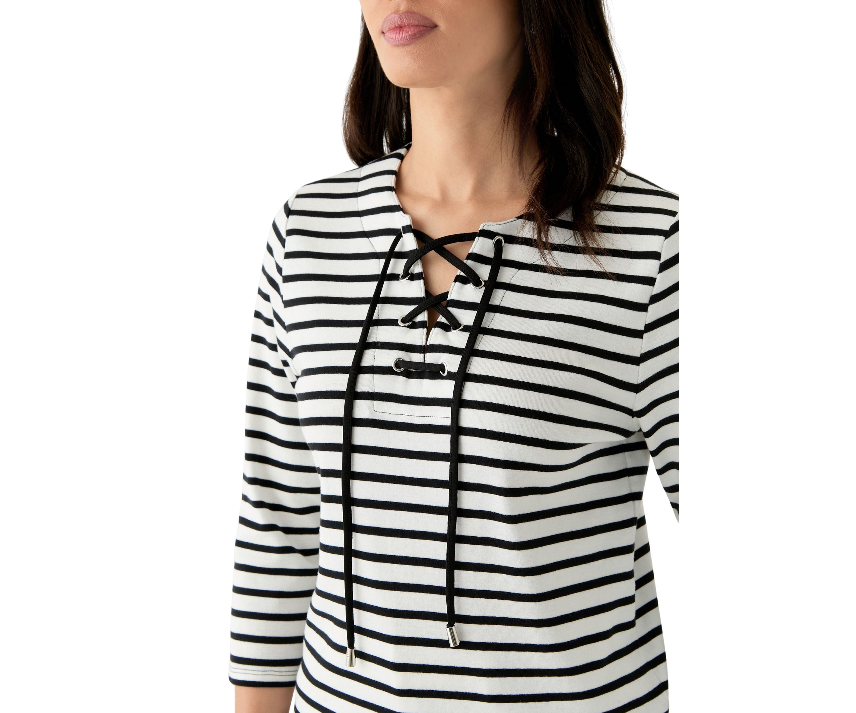Womens Striped Lace Up 3/4 Length Sleeve Shirt