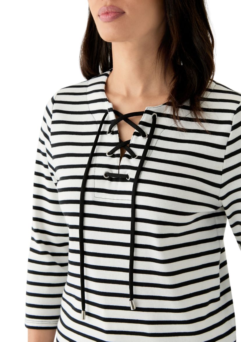 Womens Striped Lace Up 3/4 Length Sleeve Shirt