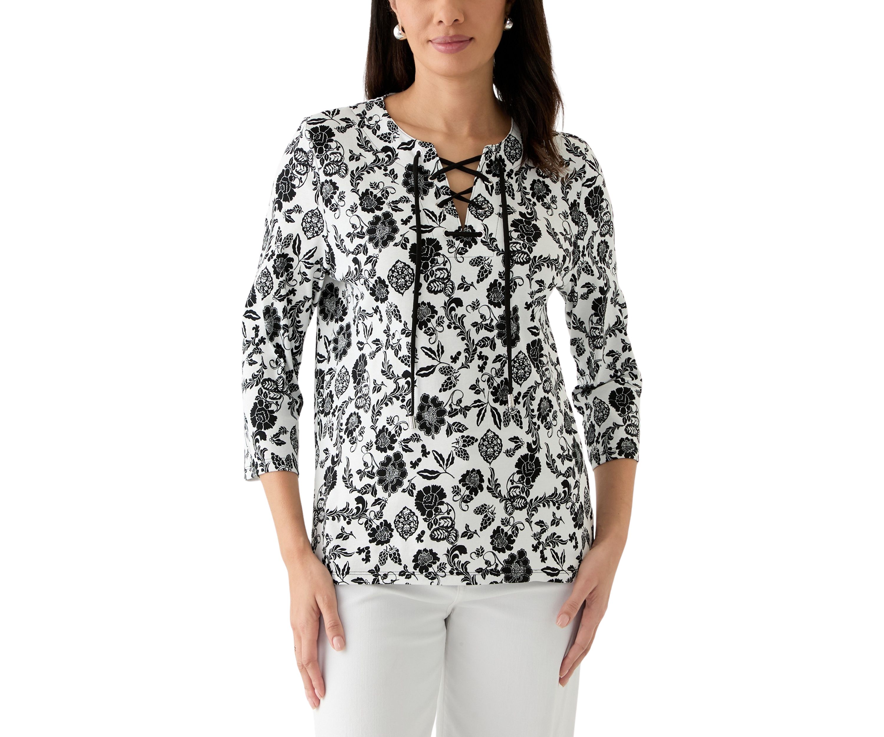 Womens Floral Print Lace Up 3/4 Length Sleeve Shirt