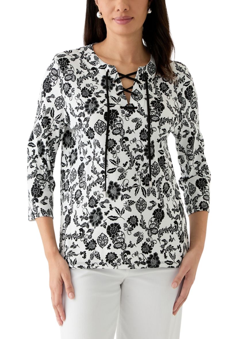 Womens Floral Print Lace Up 3/4 Length Sleeve Shirt