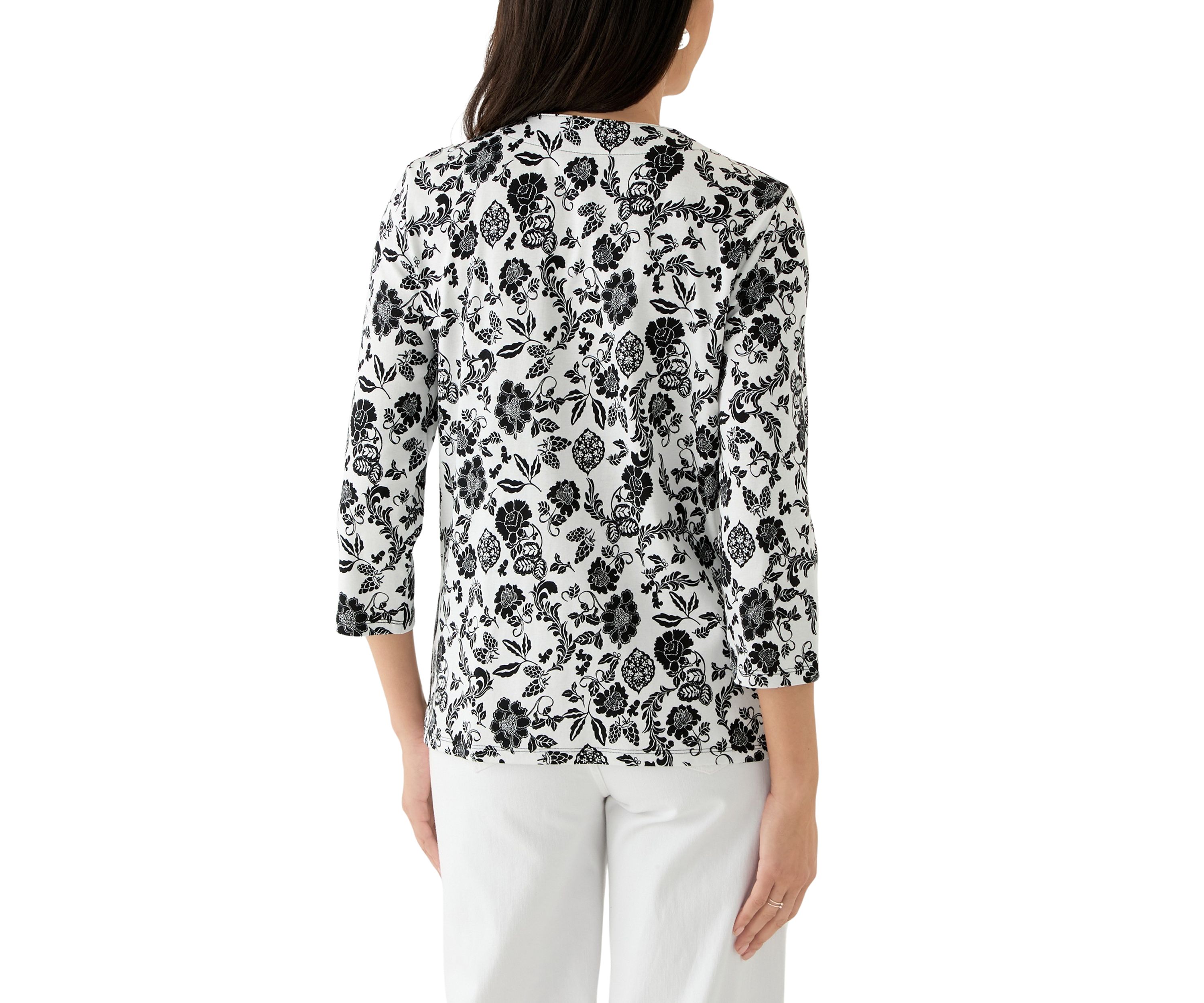 Womens Floral Print Lace Up 3/4 Length Sleeve Shirt