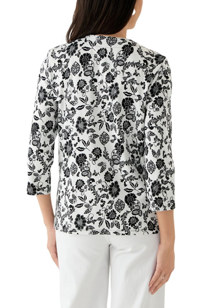 Womens Floral Print Lace Up 3/4 Length Sleeve Shirt
