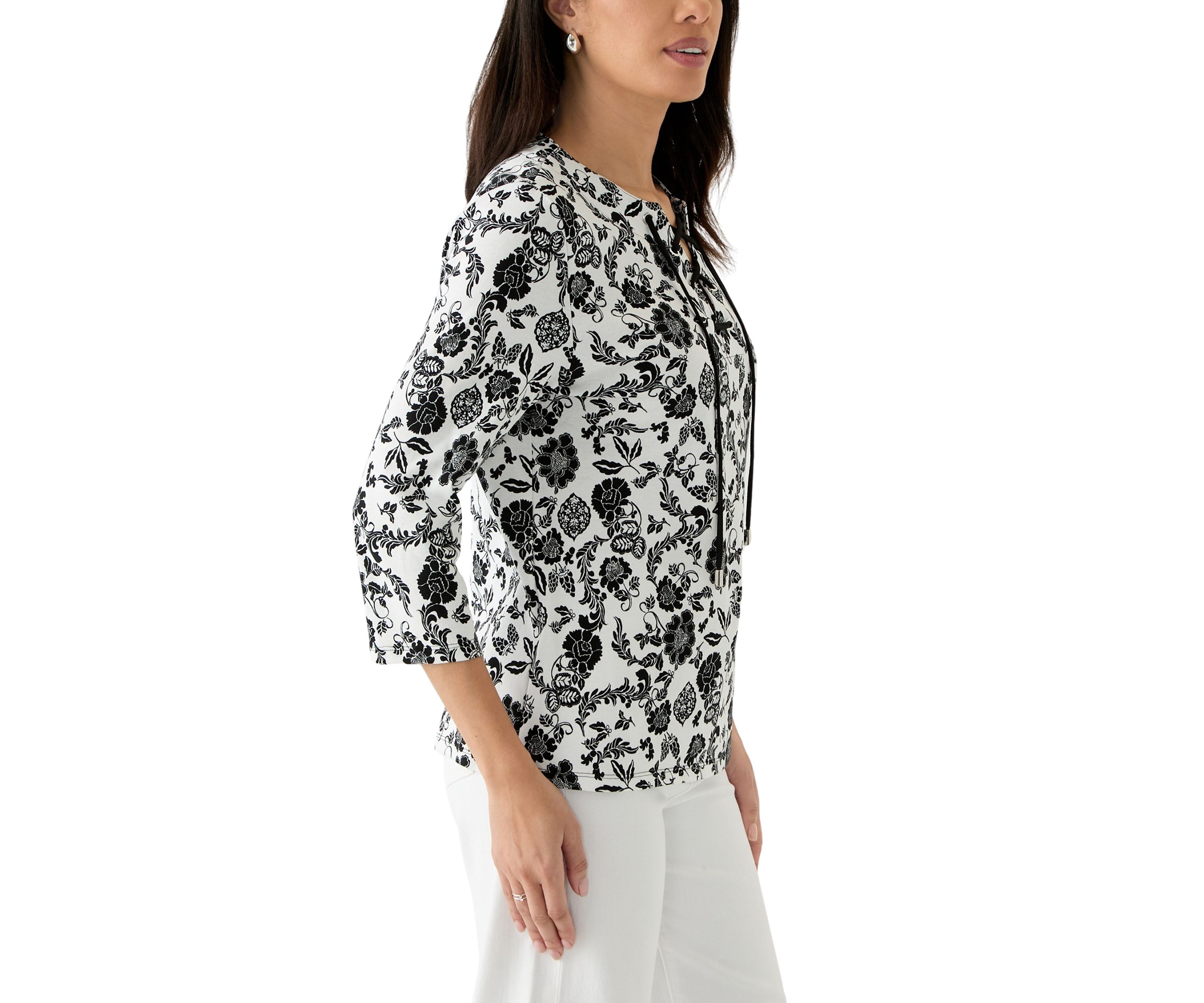 Womens Floral Print Lace Up 3/4 Length Sleeve Shirt
