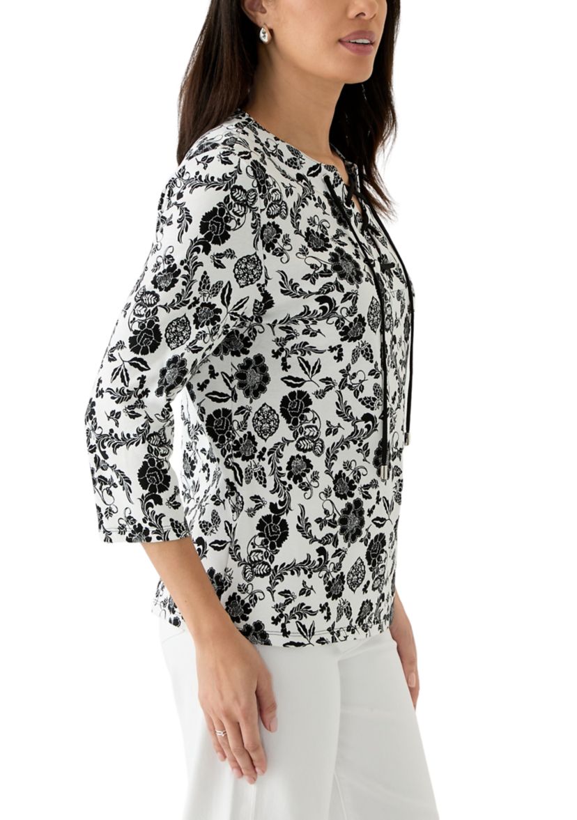 Womens Floral Print Lace Up 3/4 Length Sleeve Shirt