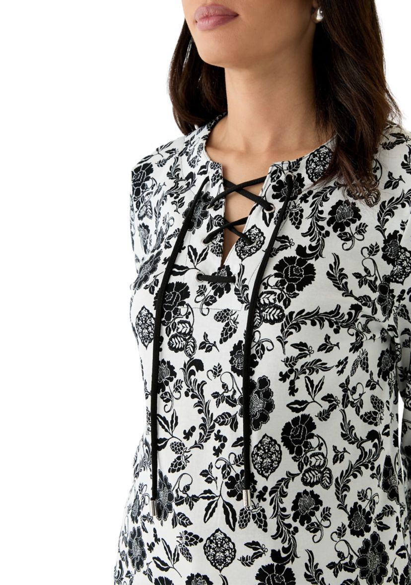 Womens Floral Print Lace Up 3/4 Length Sleeve Shirt
