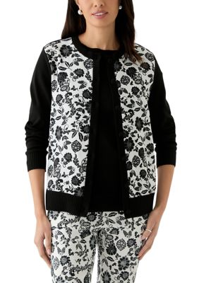 ELLA Rafaella Women's Floral Print Woven Front Long Sleeve Cardigan, Black, XL