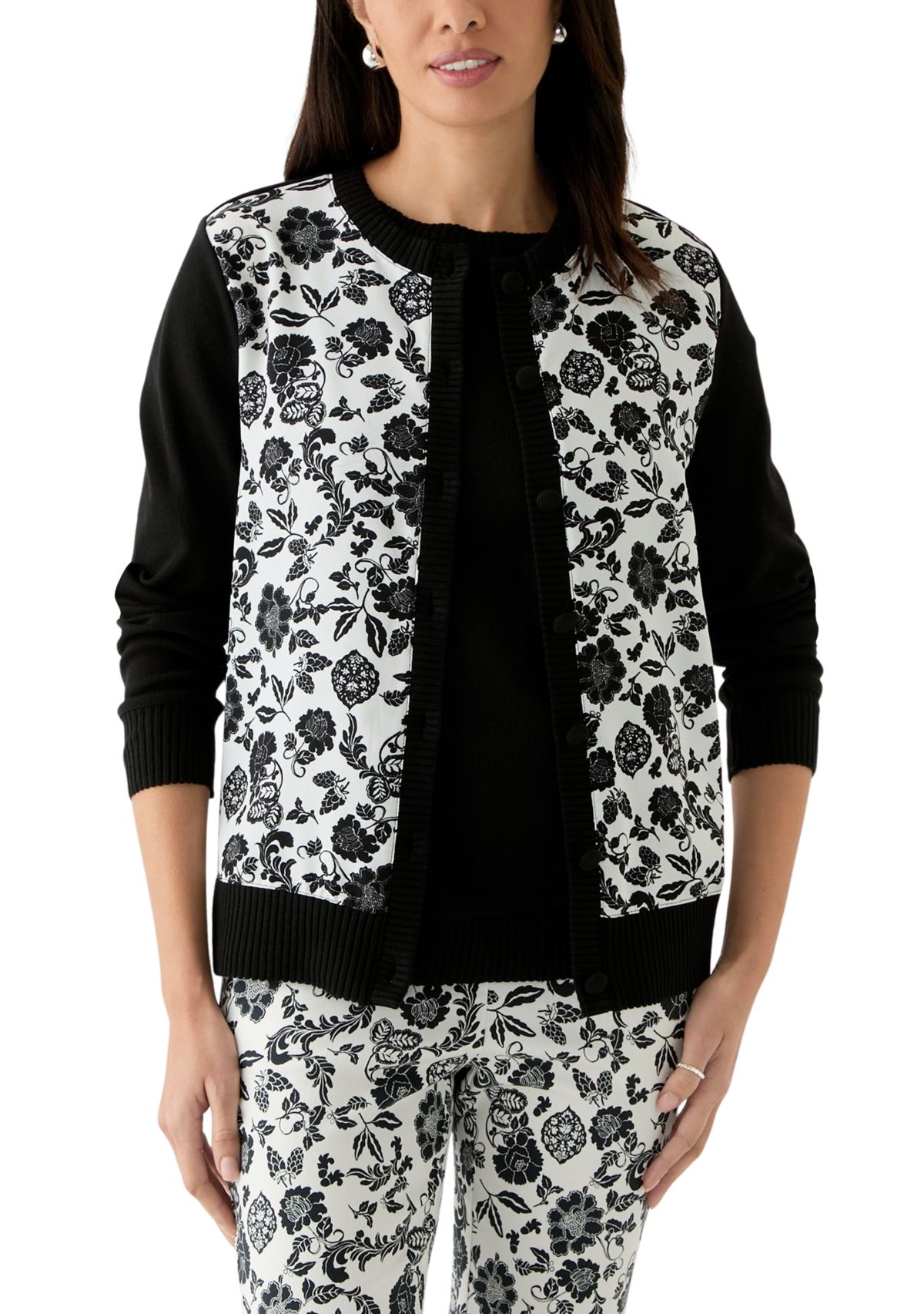 Womens Floral Print Woven Front Long Sleeve Cardigan