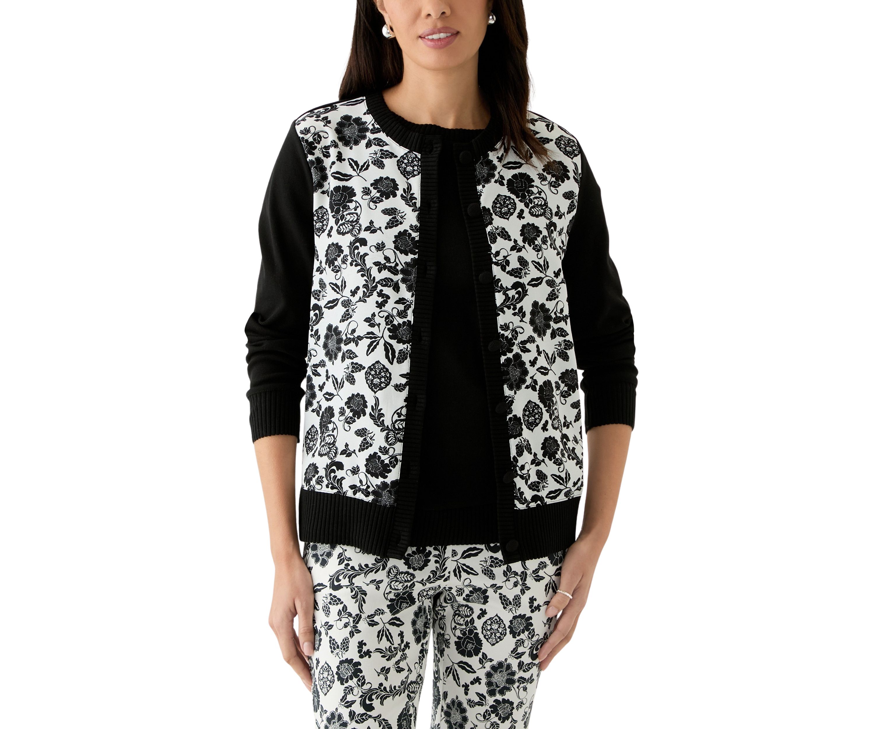 Womens Floral Print Woven Front Long Sleeve Cardigan