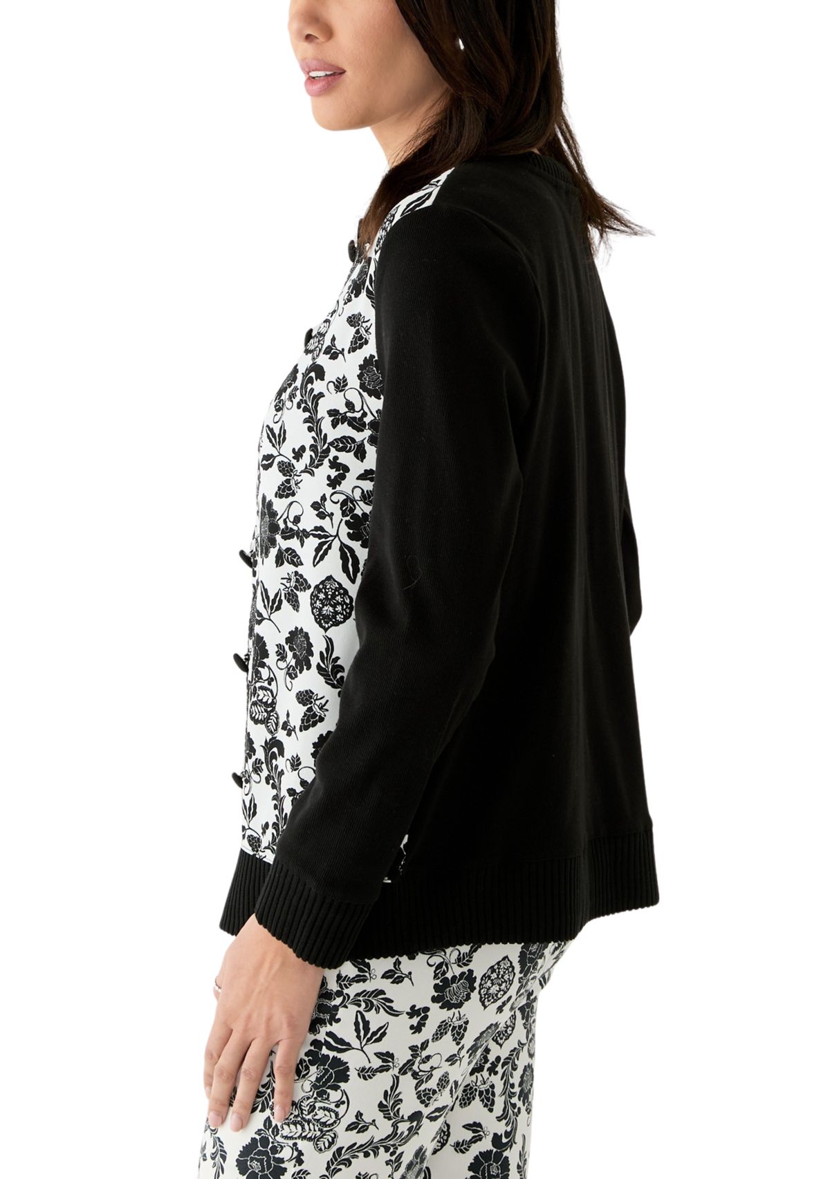 Womens Floral Print Woven Front Long Sleeve Cardigan