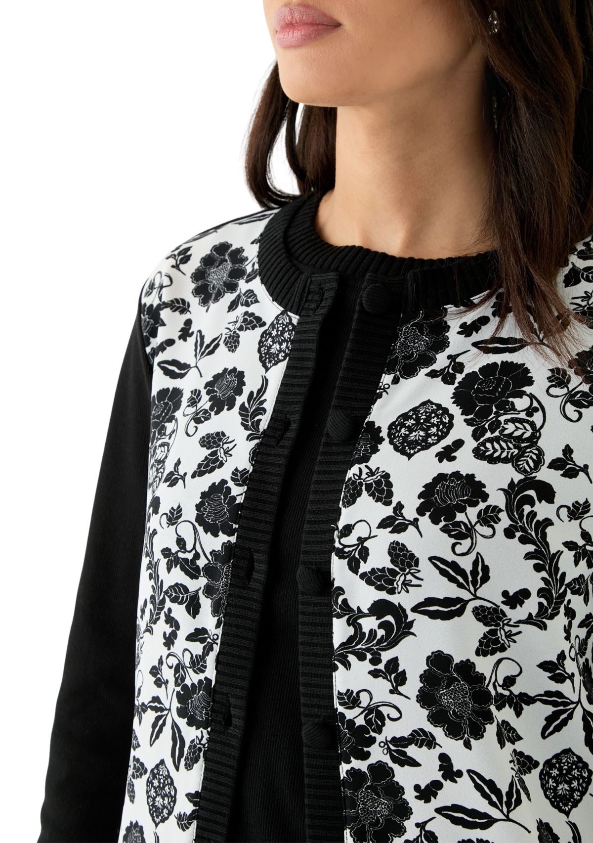 Womens Floral Print Woven Front Long Sleeve Cardigan