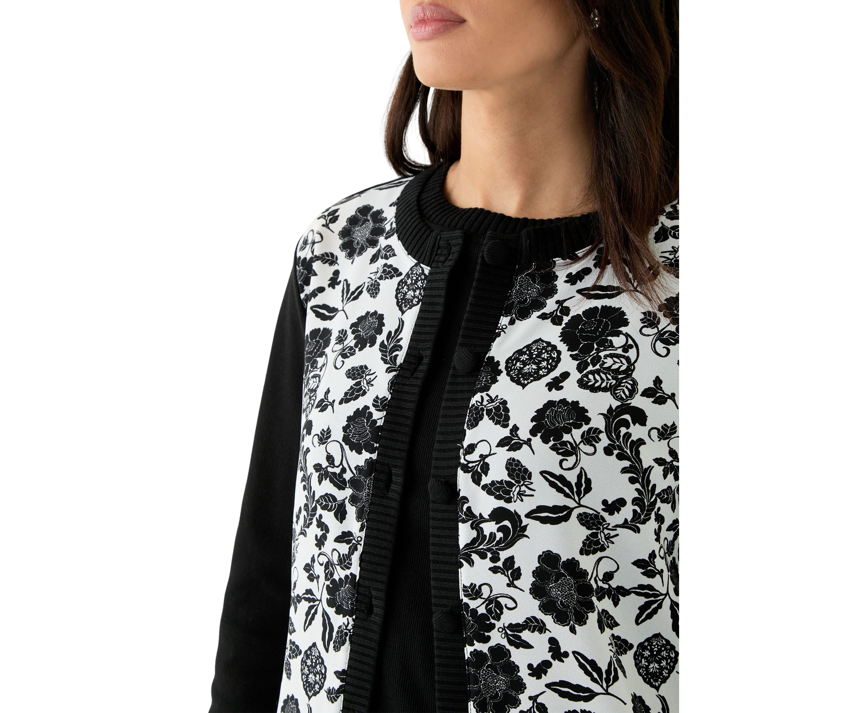 Womens Floral Print Woven Front Long Sleeve Cardigan